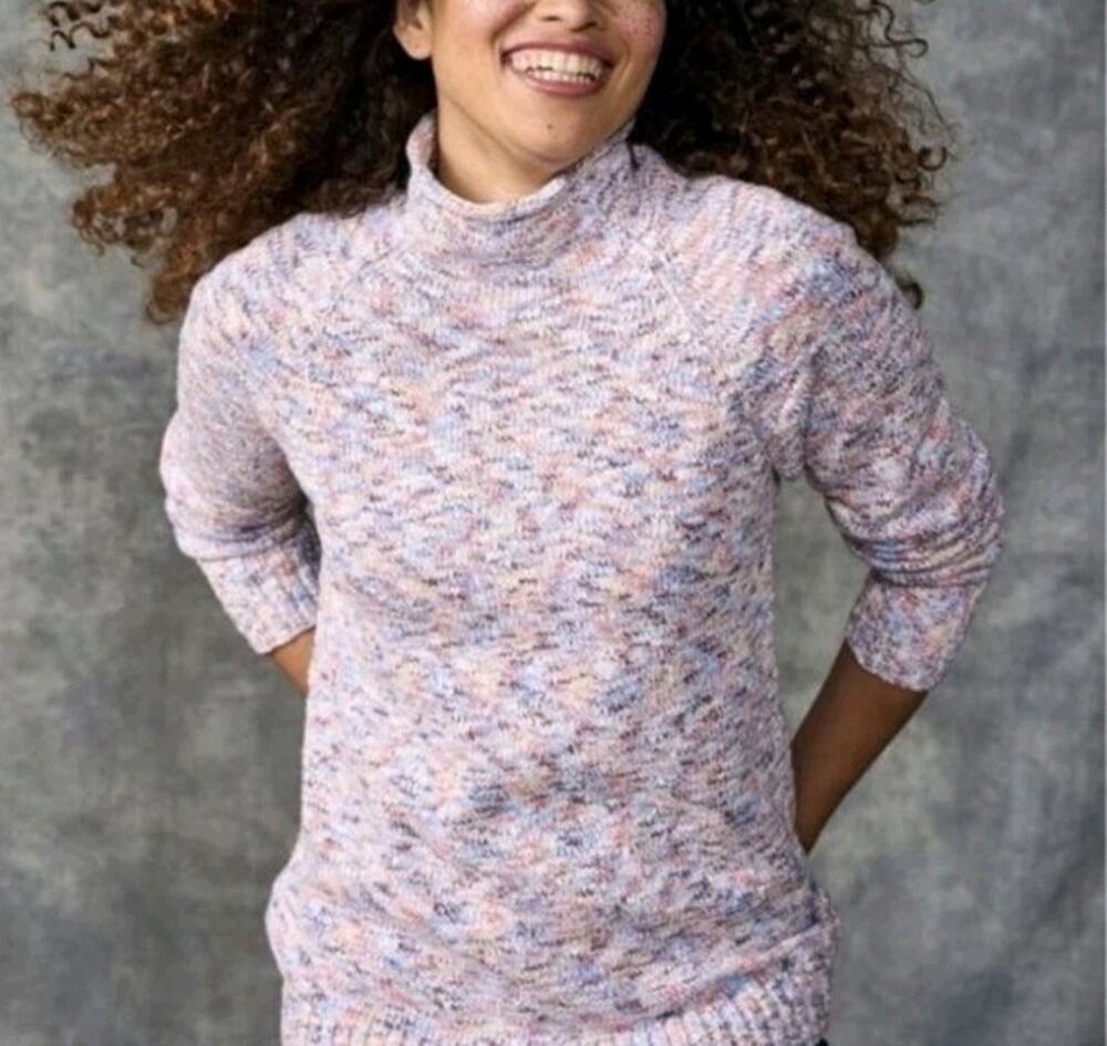 LL Bean Women's Cotton Ragg Sweater Funnel Neck Size L Multi Space Dye Roll Neck